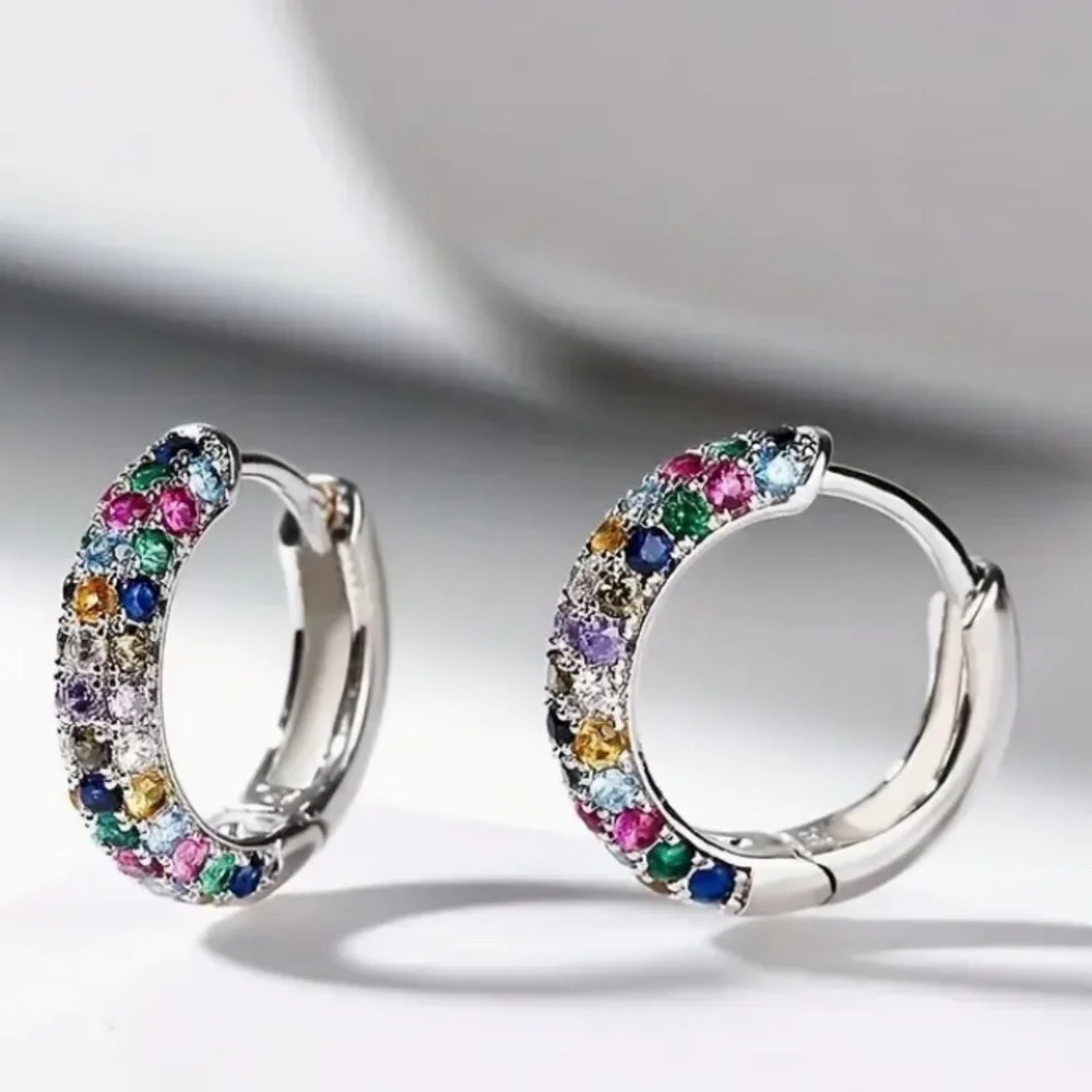 Silver Plated Mini Hoop Earrings Sparkling colorful Zircon Gem - Picture 9 of 10